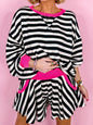 Stripe Contrast Ribbed Banding Long Sleeve Blouse and Loose Shorts Set- Shopimist- {{Product type}}