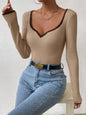 Contrast Trim Long Sleeve Knit Top - Tan -