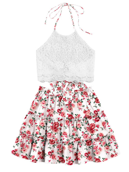 LYANER Womens Lace Halter Top & Floral Skirt Set - Off White - Off-white Medium - skirt set