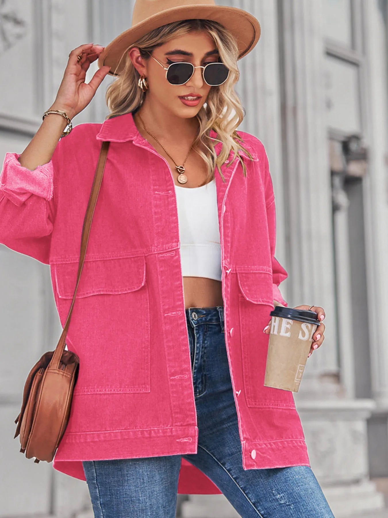Button Up Long Sleeve Denim Jacket - -