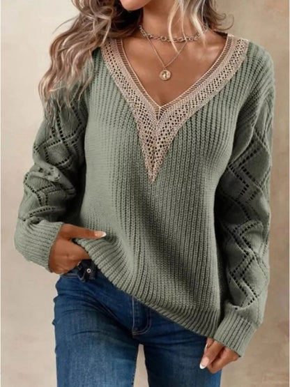 Openwork V-Neck Long Sleeve Sweater - Green -