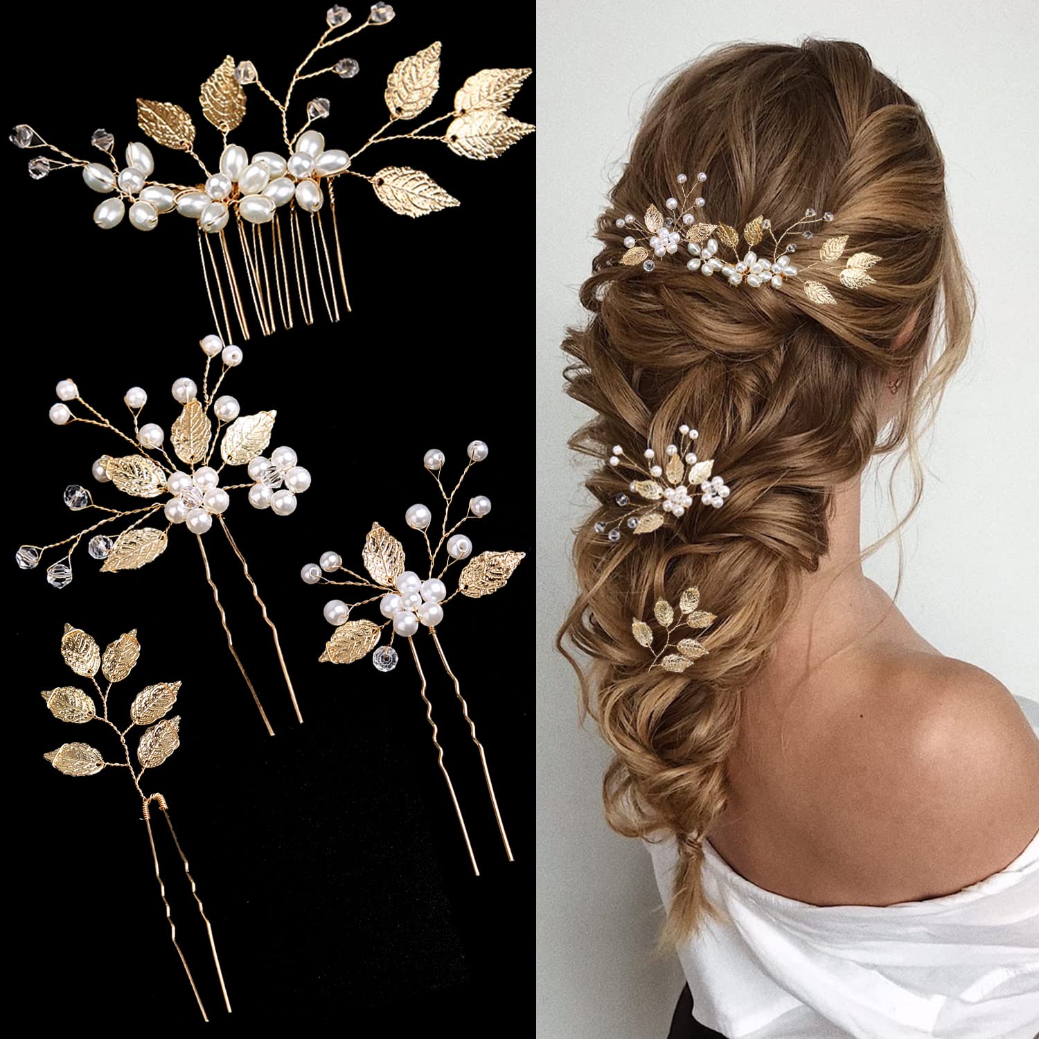 Golden Leaf Bridal Hair Pin Set - Vintage Style - - hair pin