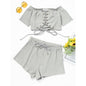 Off-Shoulder Tie Crop Top and Wide-Leg Shorts Set - L - clothing set