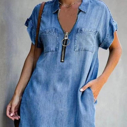 Denim Dress With Zip Closure - - dress