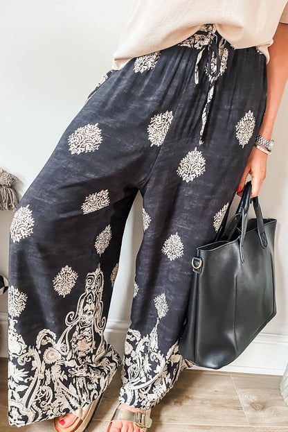 Black Bohemian Printed Drawstring Waist Wide Leg Pants - Black 100%Polyester - Bottoms/Pants & Culotte