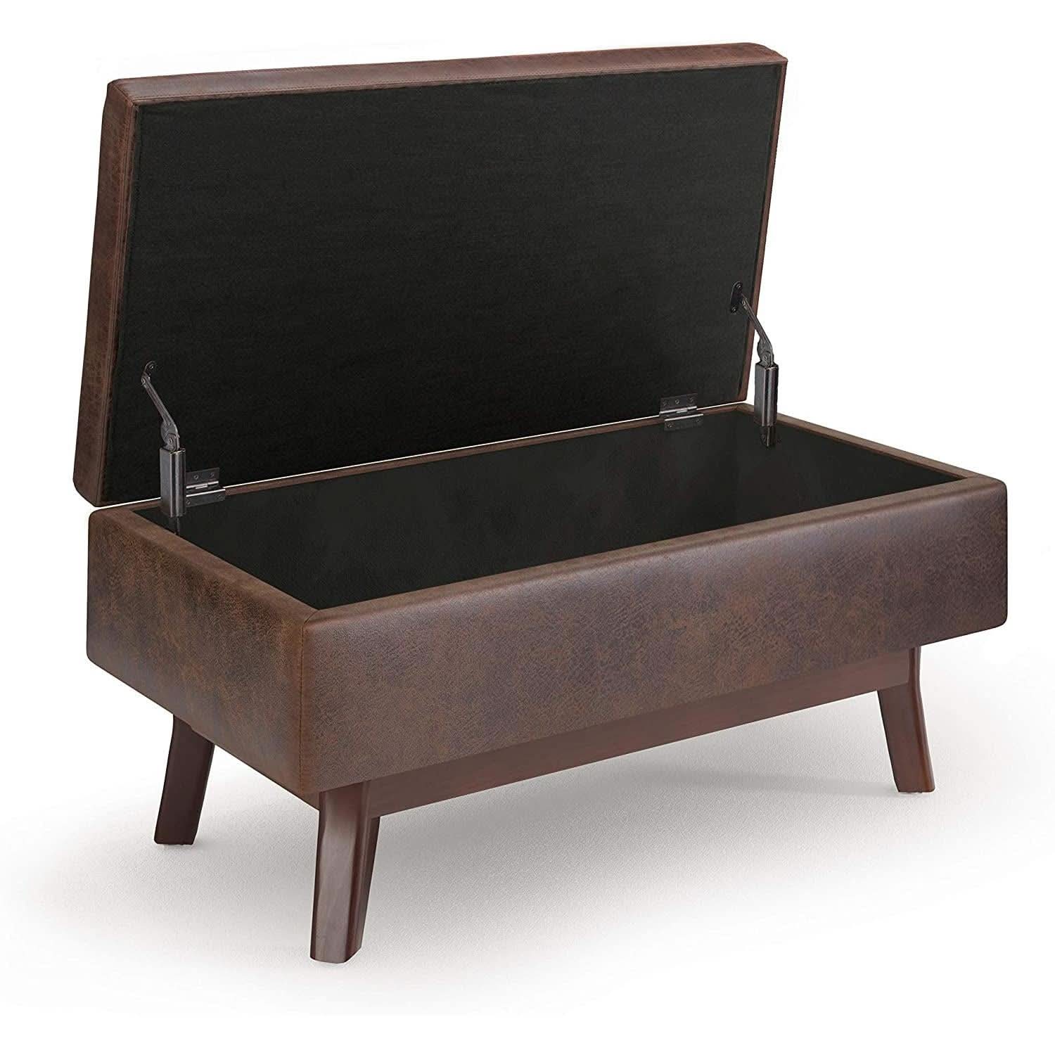 Mid Century Storage Ottoman 36W Chestnut Faux Leather- ShipItFurniture- {{Product type}}