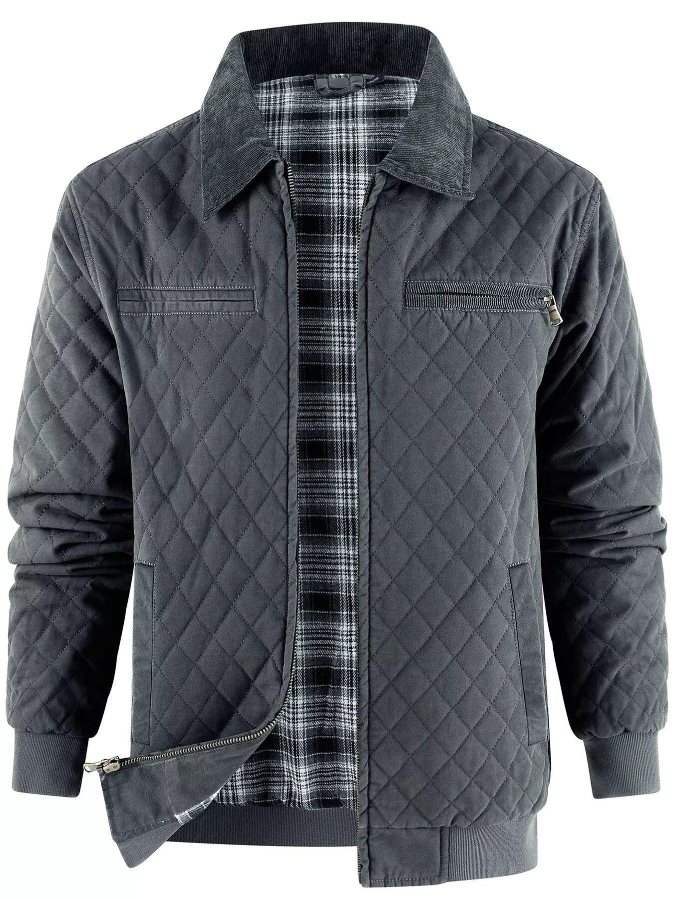 Men's Quilted Collared Neck Jacket with Plaid Lining - Gray -