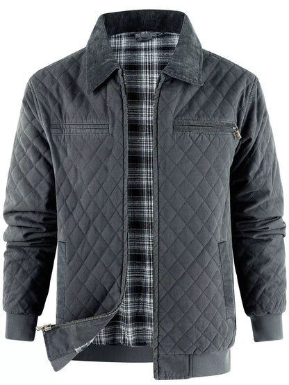 Men's Quilted Collared Neck Jacket with Plaid Lining - Gray -