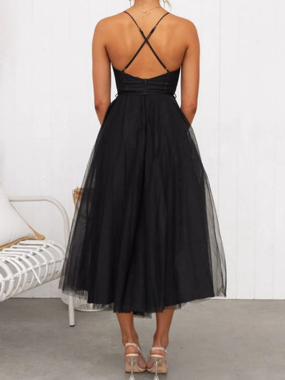 Sweetheart Neck Tulle Midi Dress - -