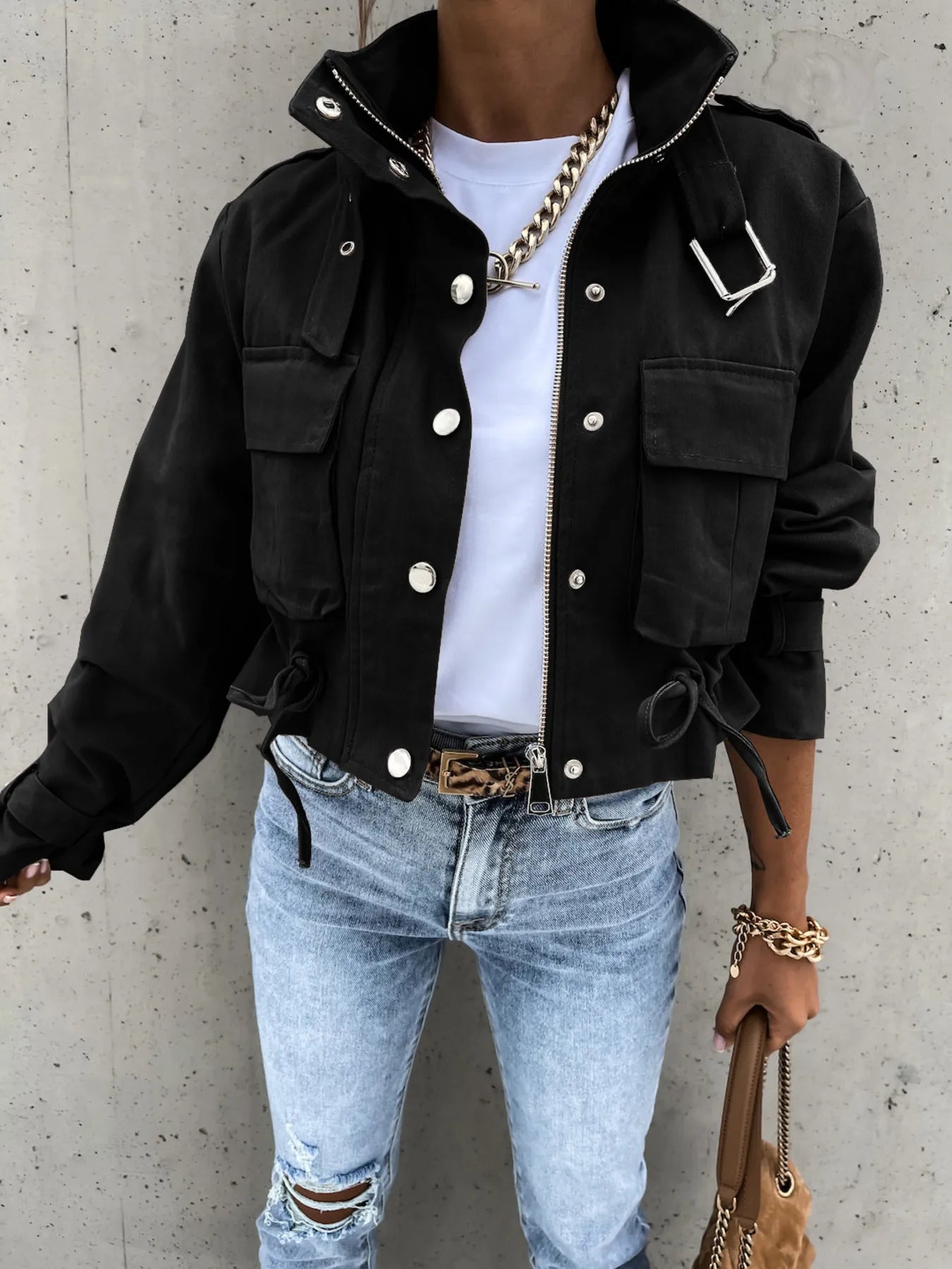 Snap Down Long Sleeve Jacket - -