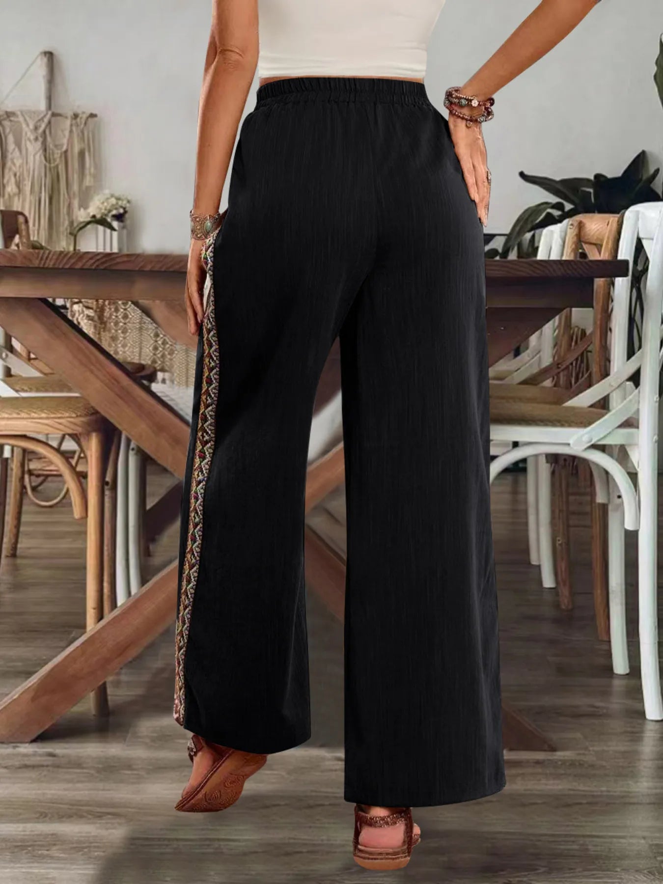Bohemian Wide Leg Embroidered Side Stripe Pants - -