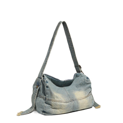 Washed old denim hobo bag, large capacity hobo shoulder bag, sweet cool babes shoulder Retro denim shoulder bag - -
