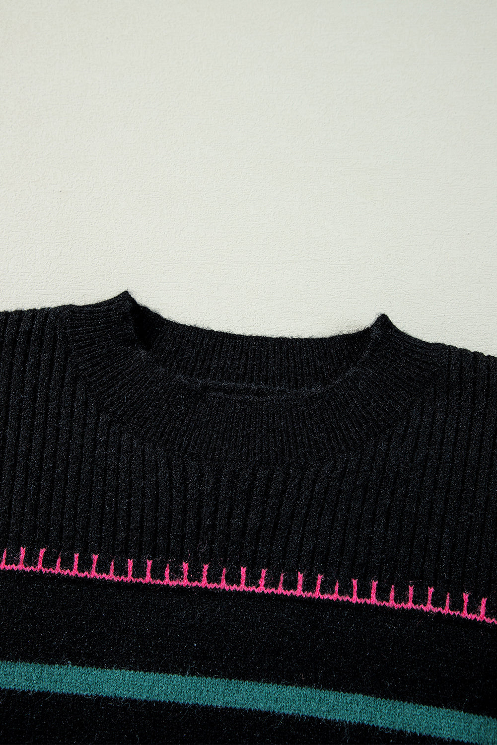 Black Colorful Striped Ribbed Trim Sweater - - Sweaters & Cardigans/Sweaters