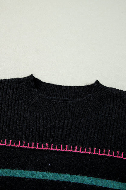 Black Colorful Striped Ribbed Trim Sweater - - Sweaters & Cardigans/Sweaters