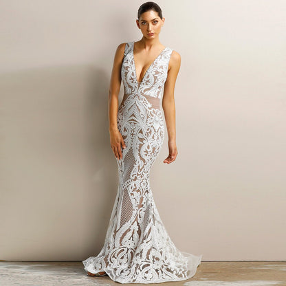 Sexy Deep V Neck Sleeveless Evening Gown Dress - white M - dress