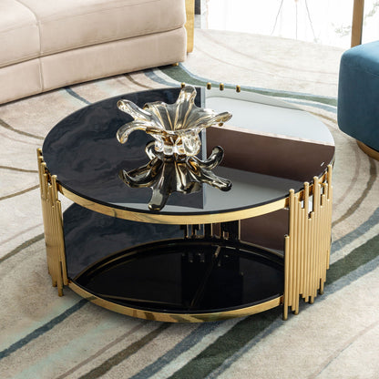 Elegant Round Table With Double Layer Tempered Glass Top And Stainless Steel Frame For Living Room - - Side Tables