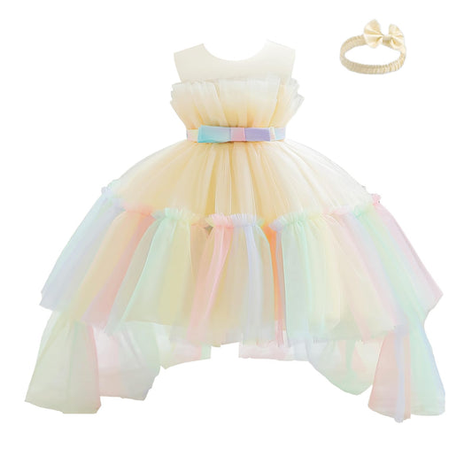 Miipat Princess Tulle Flower Girl Gown with Headband Champagne 18-24M - - dress