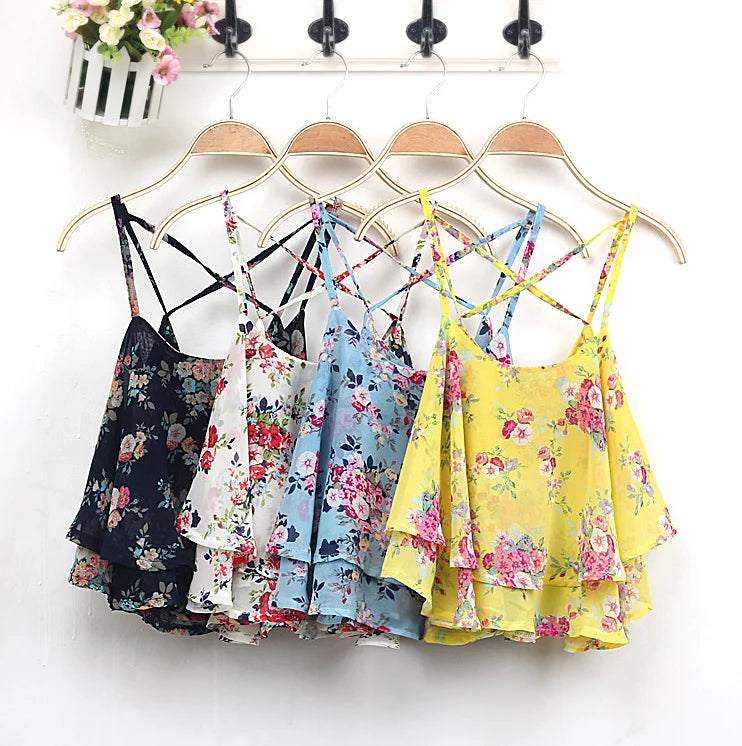 Floral Print Tank Top Summer Style Spaghetti Strap Casual Tops Double Chiffon