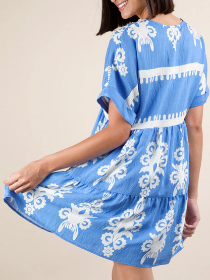 Printed V-Neck Short Sleeve Mini Dress - -