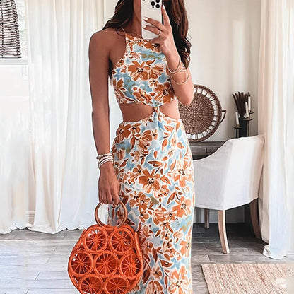Chic Floral Halter Maxi Dress - Color S - dress