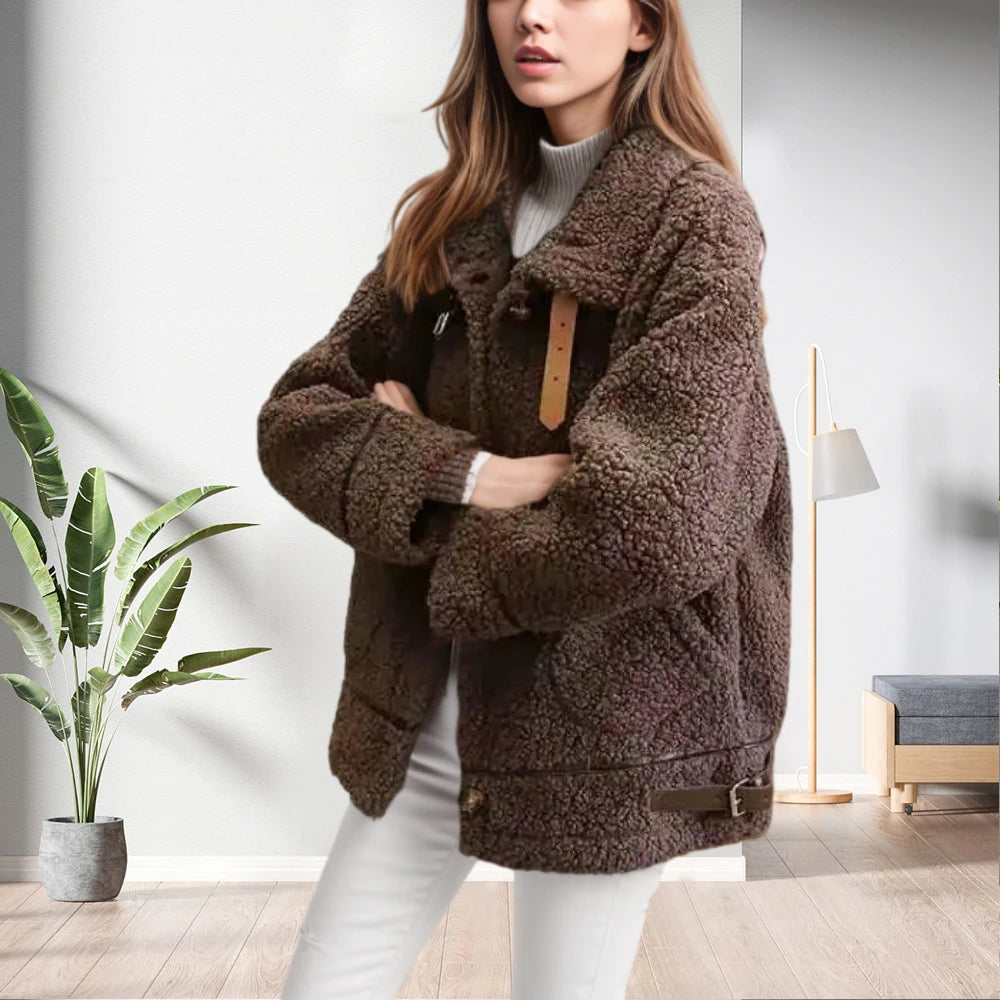 Fleece Solid Color Button Outerwear Warm for Women Coat