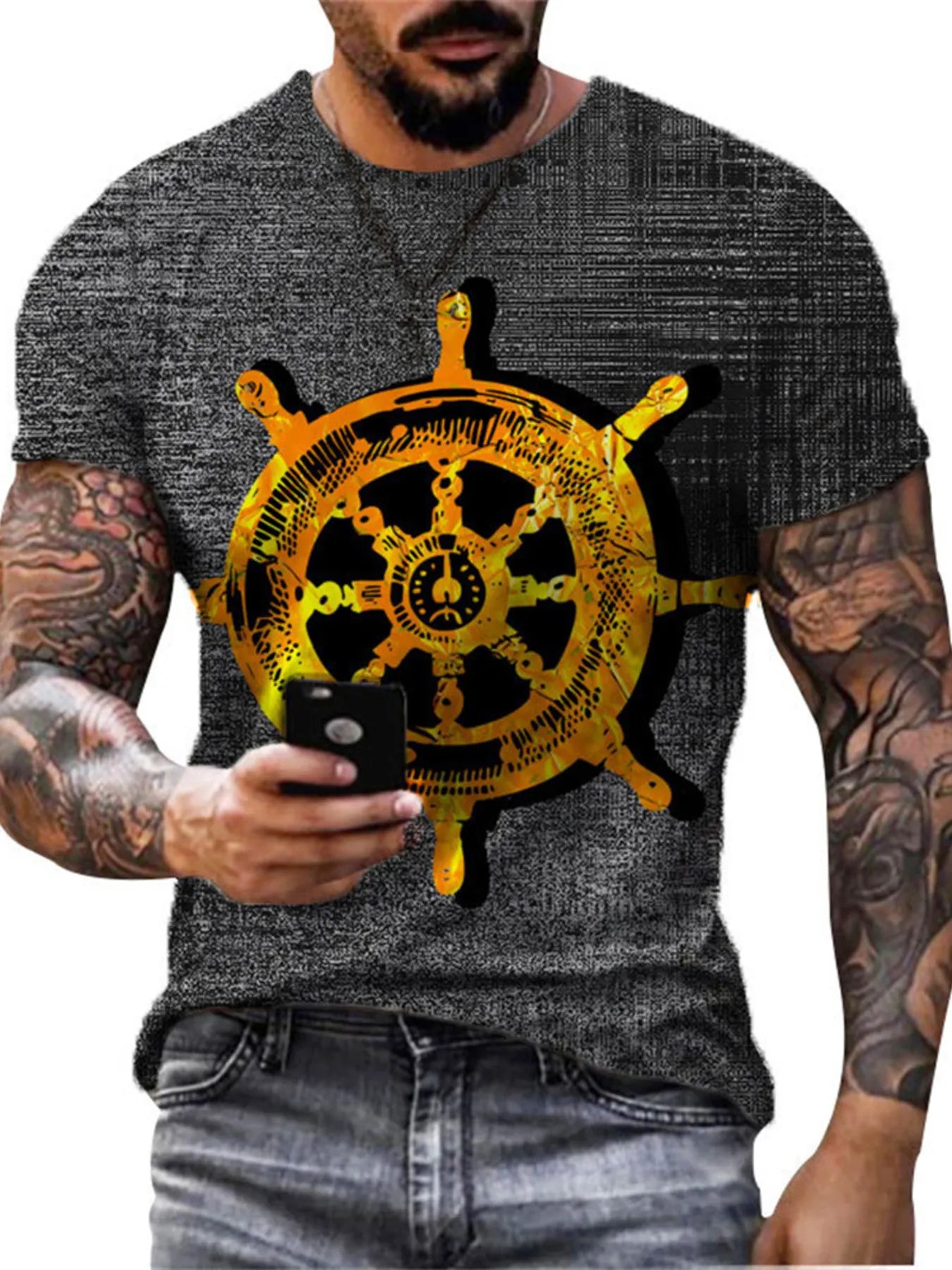 Men's Full Size Artistic Compass Graphic Round Neck T-Shirt Plus Size - Dark Gray -