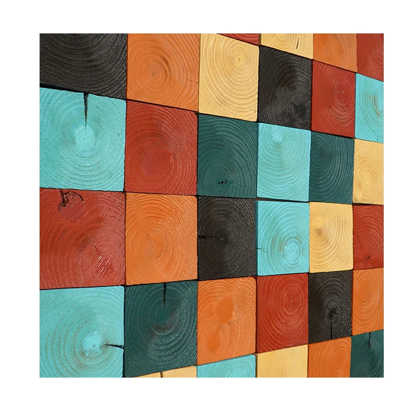 Colorful Square Blocks Wood Panel Interior Wall Mosaic Tile Veneer Pine