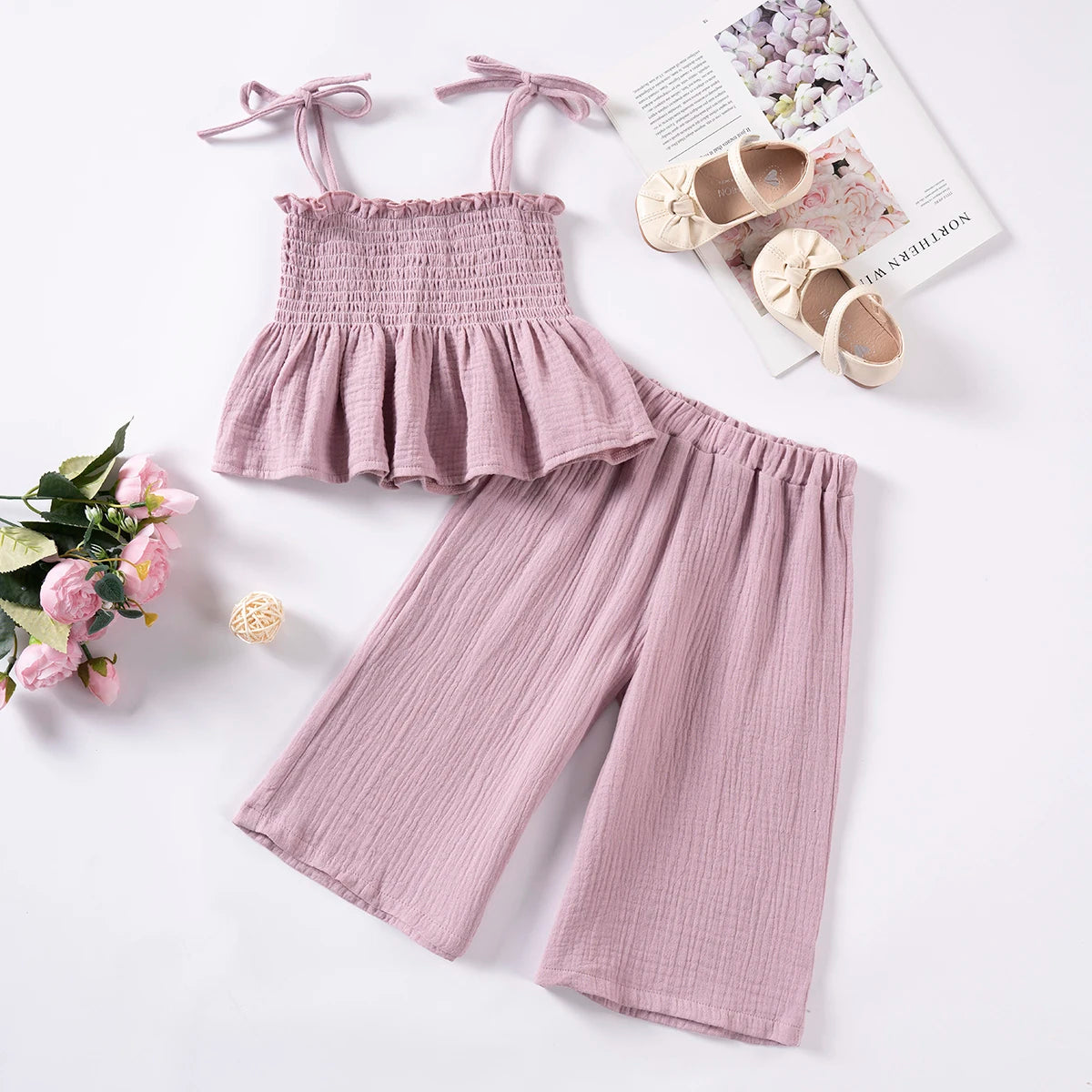 Girls Muslin Cotton Sleeveless Tank and Wide Leg Pants Purple