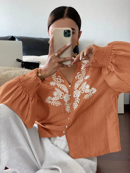 Embroidered Notched Long Sleeve Blouse - Sherbet -