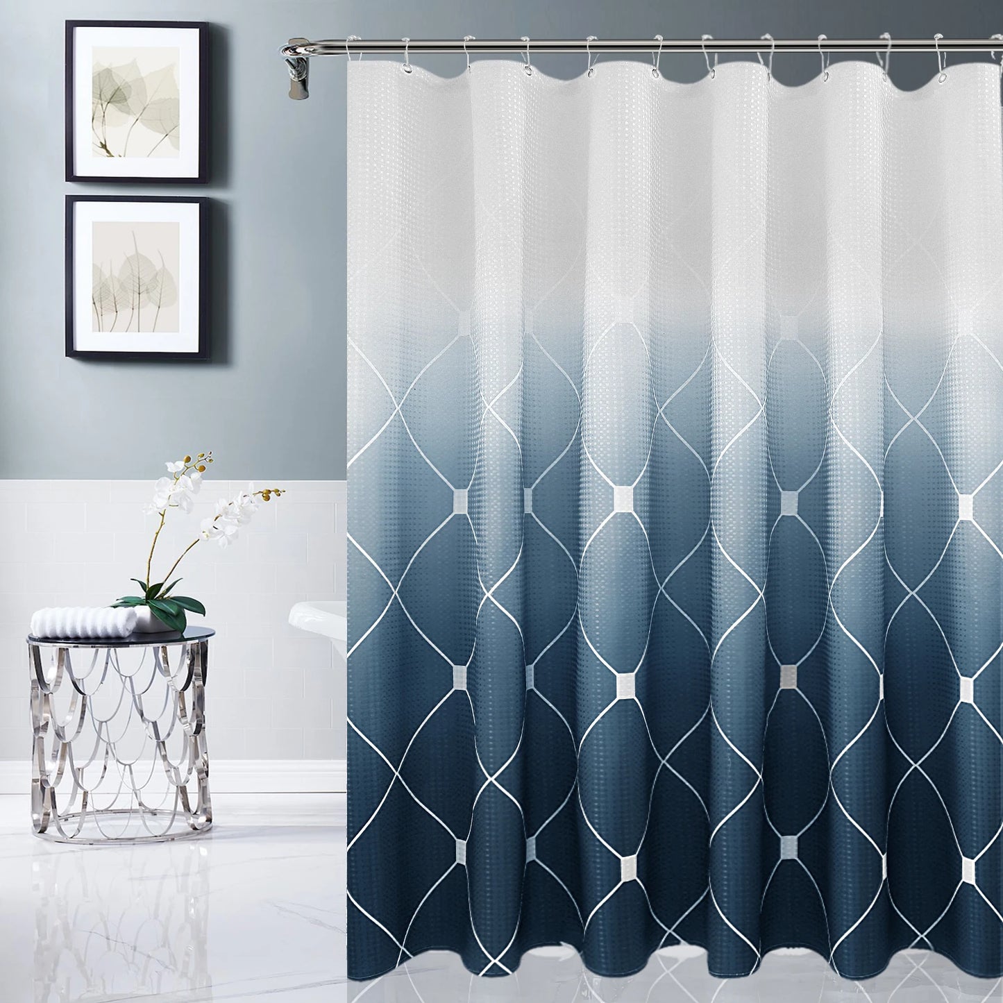 36*72Inch Ombre Blue Waffle Shower Curtain, Machine Washable