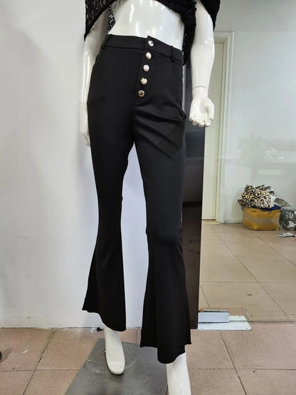 Elegant Office Lady Button Slim Fit Flare Pants