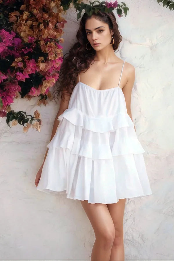 Ruffle Layered Tie Shoulder Cami Dress - White -