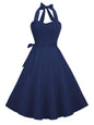 Halter Neck Vintage Summer Dress Navy - Navy Blue Medium - dress