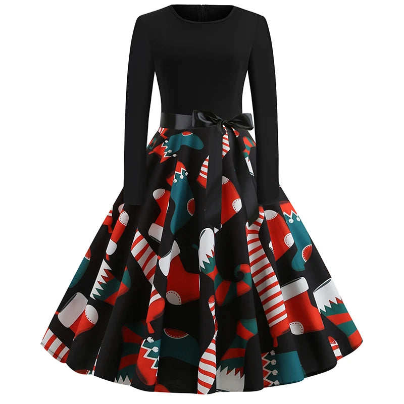 Winter Christmas Dresses Women 50S 60S Vintage Swing Dress Long Sleeve Casual