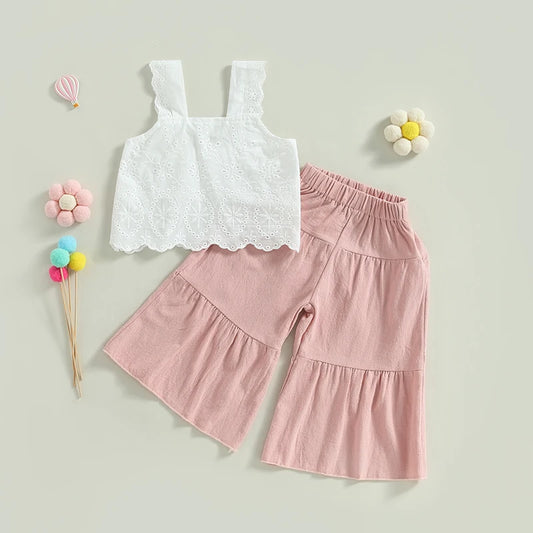 0-6 Years Ruffled Sleeveless Floral Crop Top & Elastic Waist Wide Leg Pant Set