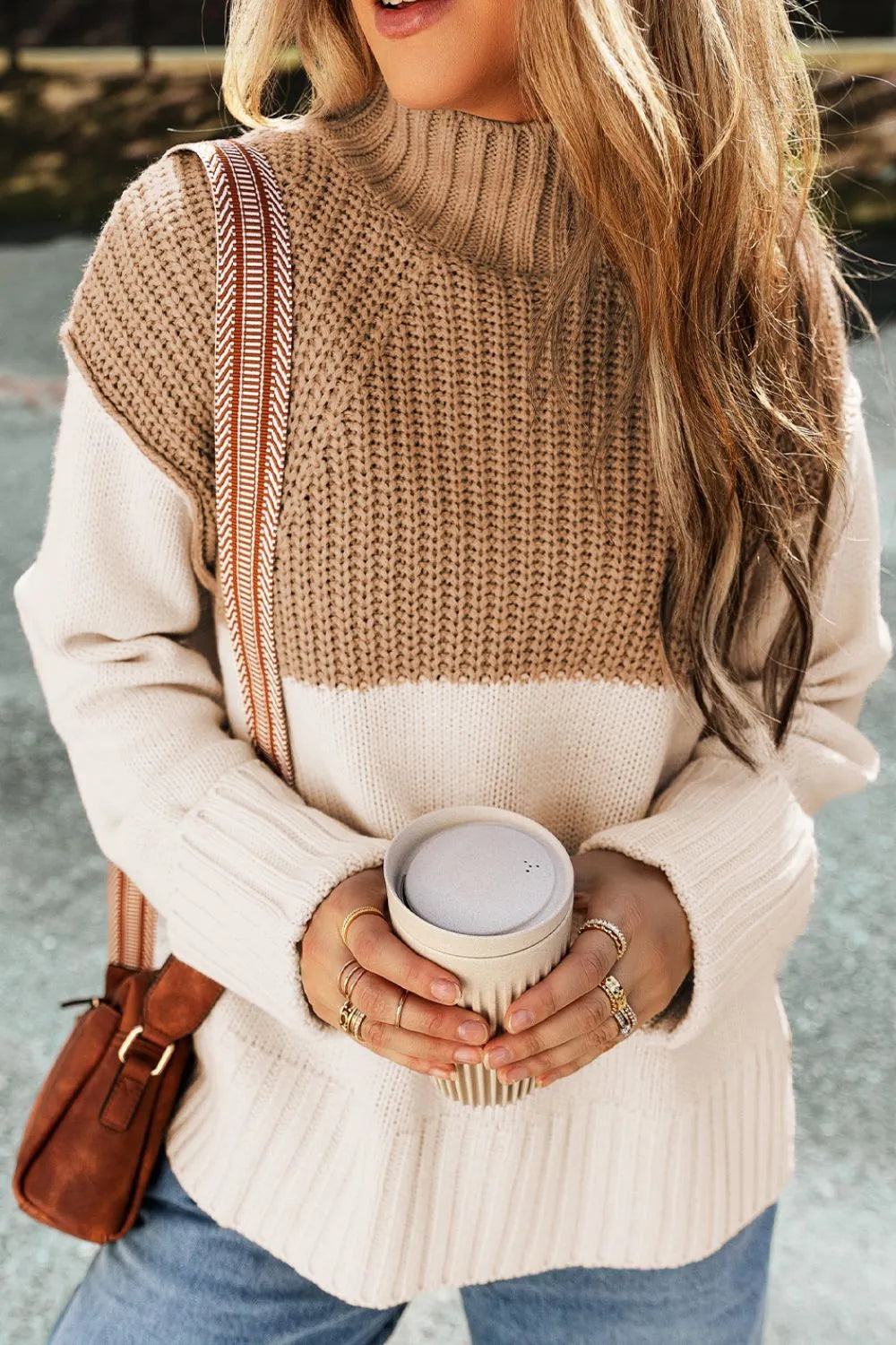 Slit Color Block Turtleneck Long Sleeve Sweater - Camel -