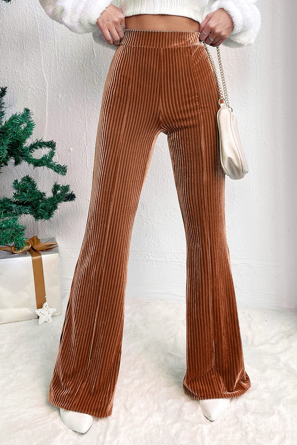 Chestnut Solid Color High Waist Flare Corduroy Pants - - Bottoms/Pants & Culotte