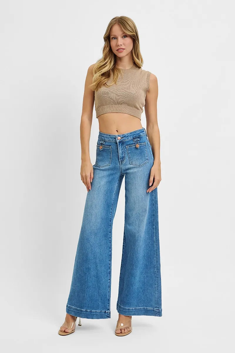 RISEN Light Blue Mid Rise Wide Front Patch Pocket Denim Jeans - - jeans