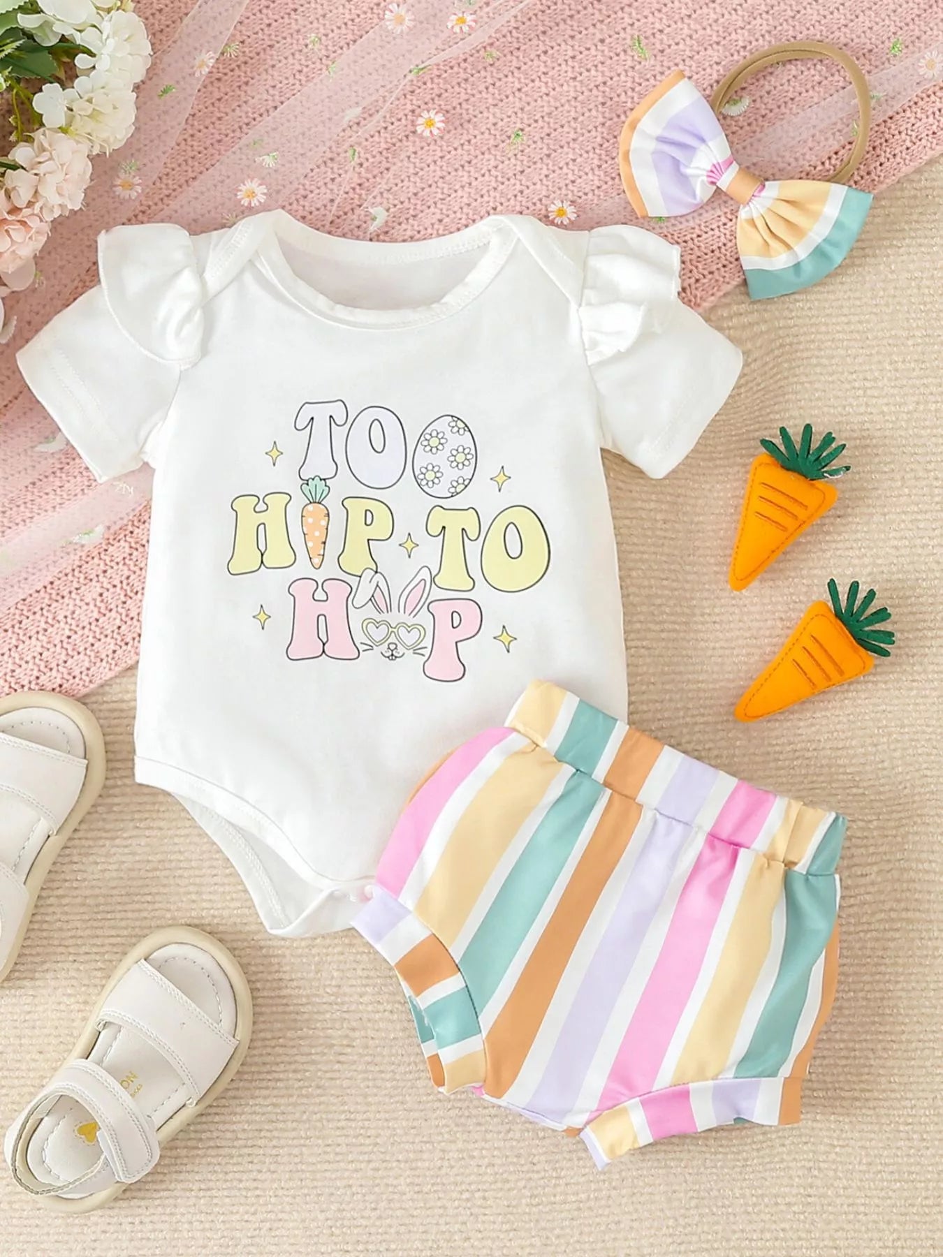 Children's Ruffled Short Sleeve Bodysuit and Shorts Set with Headband - -