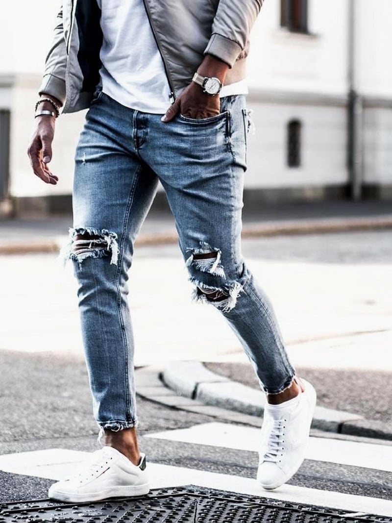Mens Casual Distressed Jeans - Blue XXL -