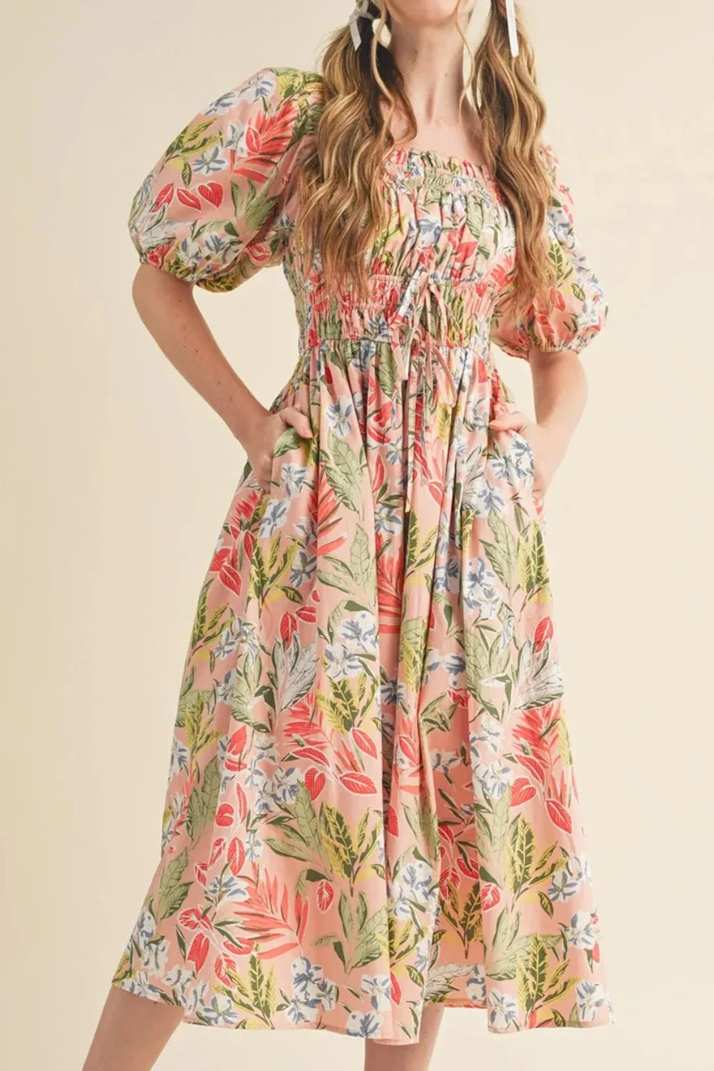 Floral Smocked Square Neck Puff Short Sleeve Midi Dress - -