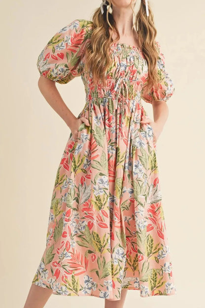Floral Smocked Square Neck Puff Short Sleeve Midi Dress - -