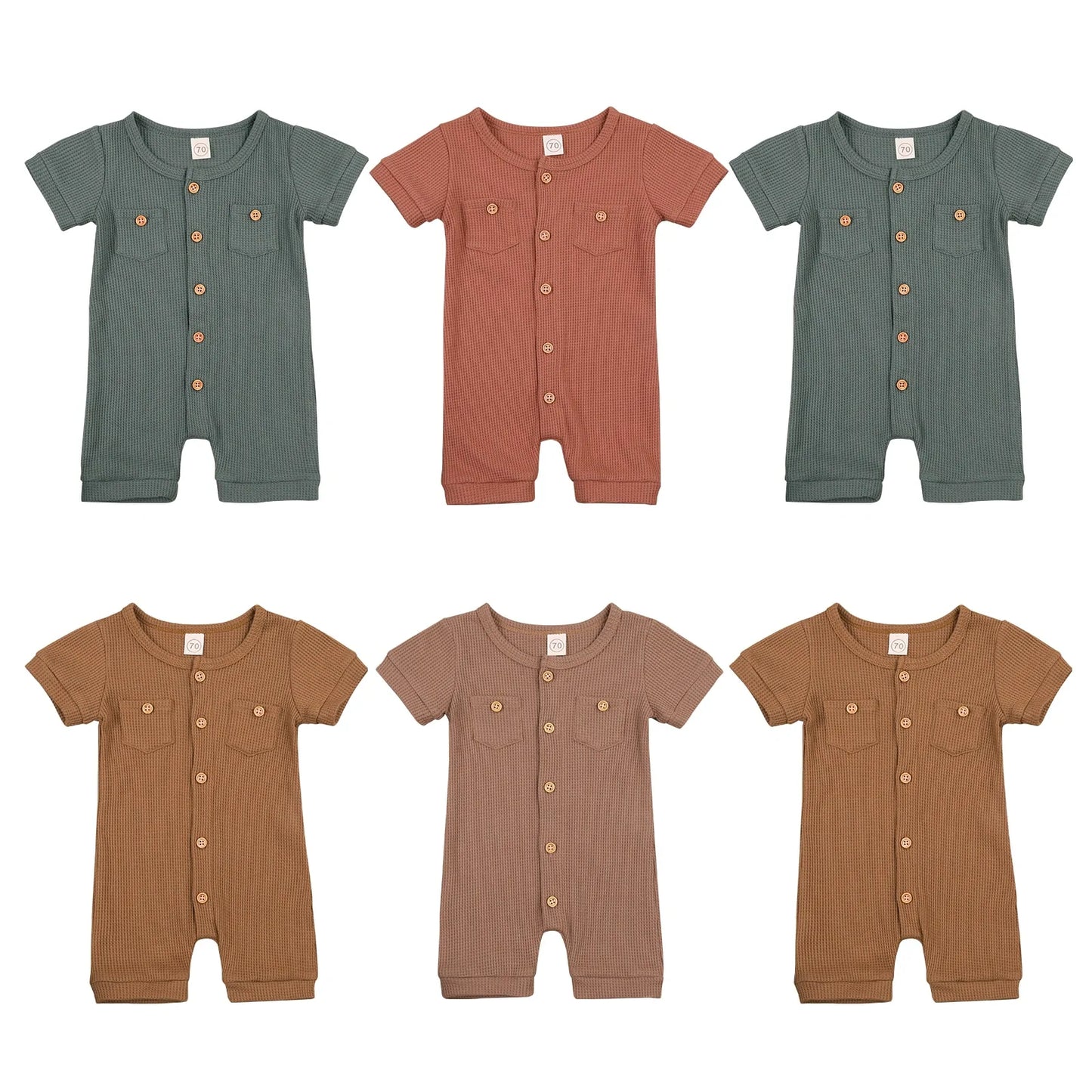 Solid Color Short Sleeve Round Neck Button Baby Playsuit