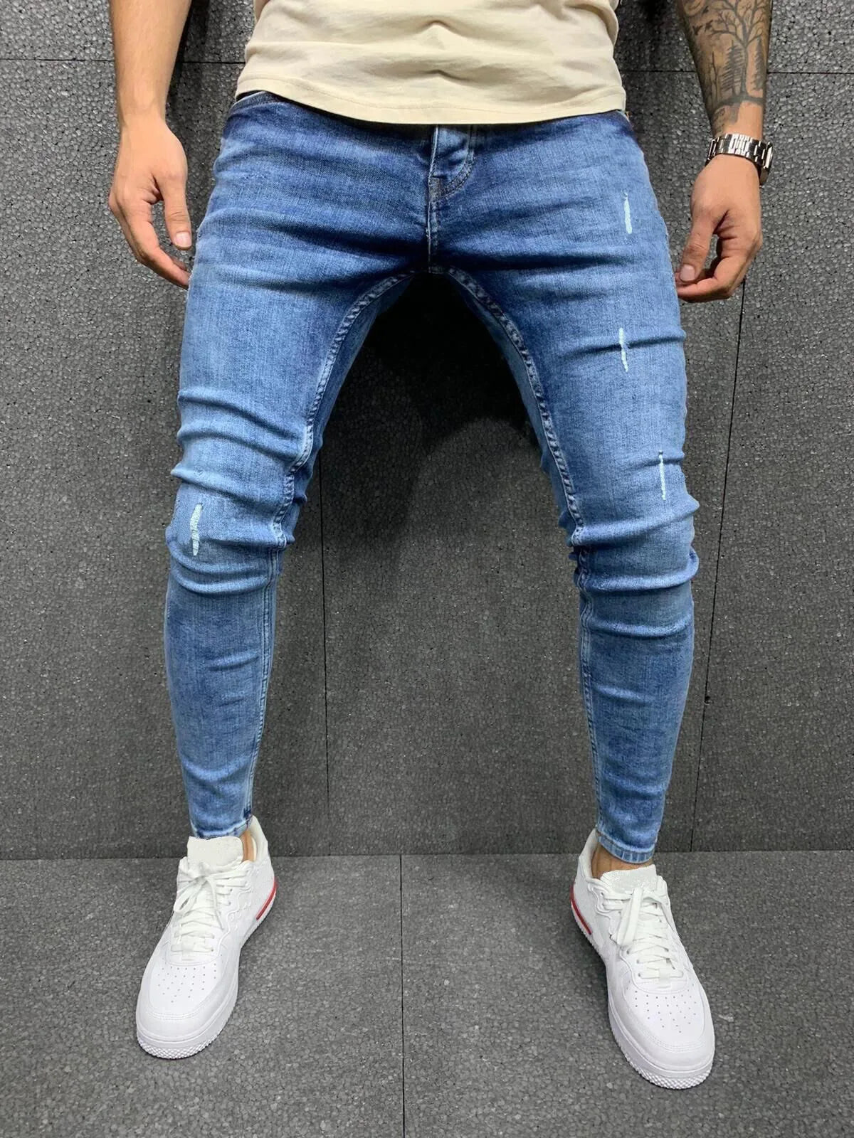 Men Denim Solid Color Outdoor Ripped Jeans Slim Pencil Long Pants