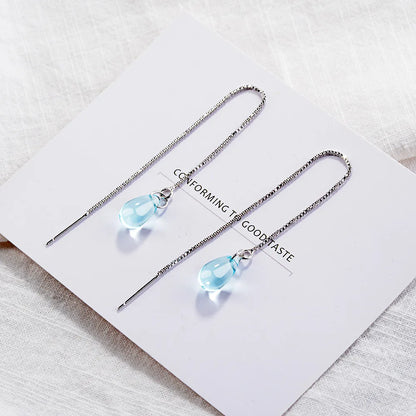 Blue Crystal Water Drop Earrings 925 Sterling Silver Long Tassel Earrings Chain