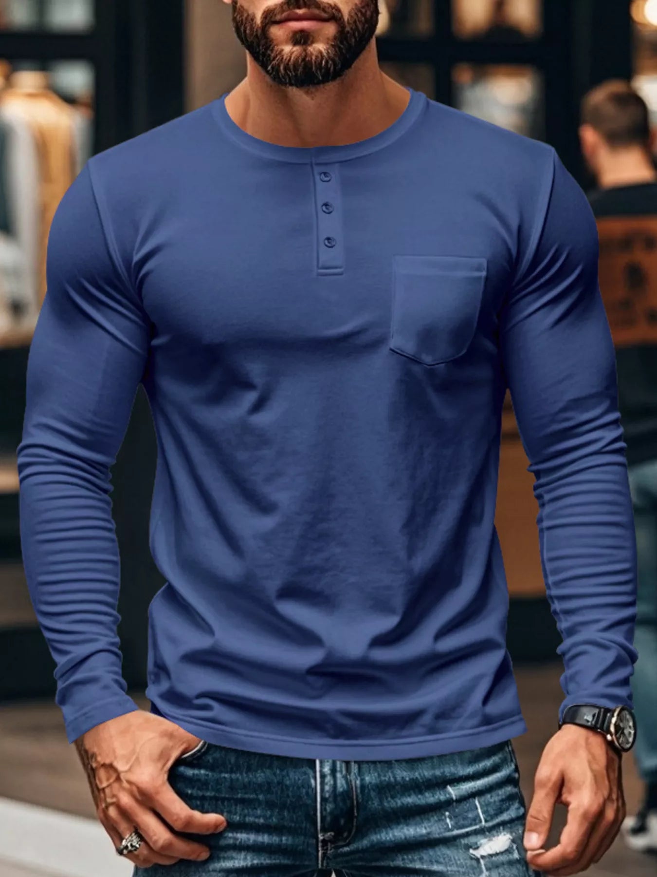Men's Plus Size Casual Long Sleeve Henley T-Shirt with Pocket - Cowboy Blue -