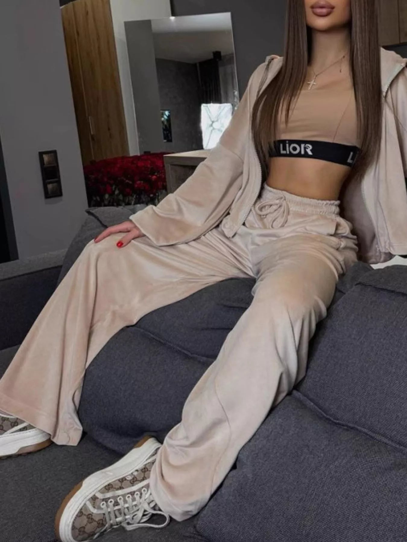 Zip Up Cropped Outerwear and Pants Set - -