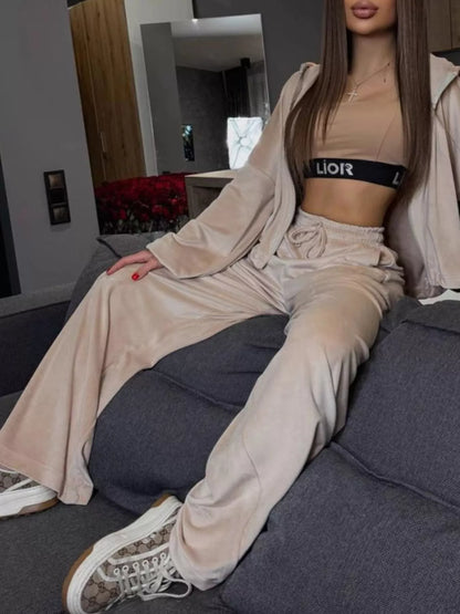 Zip Up Cropped Outerwear and Pants Set - -