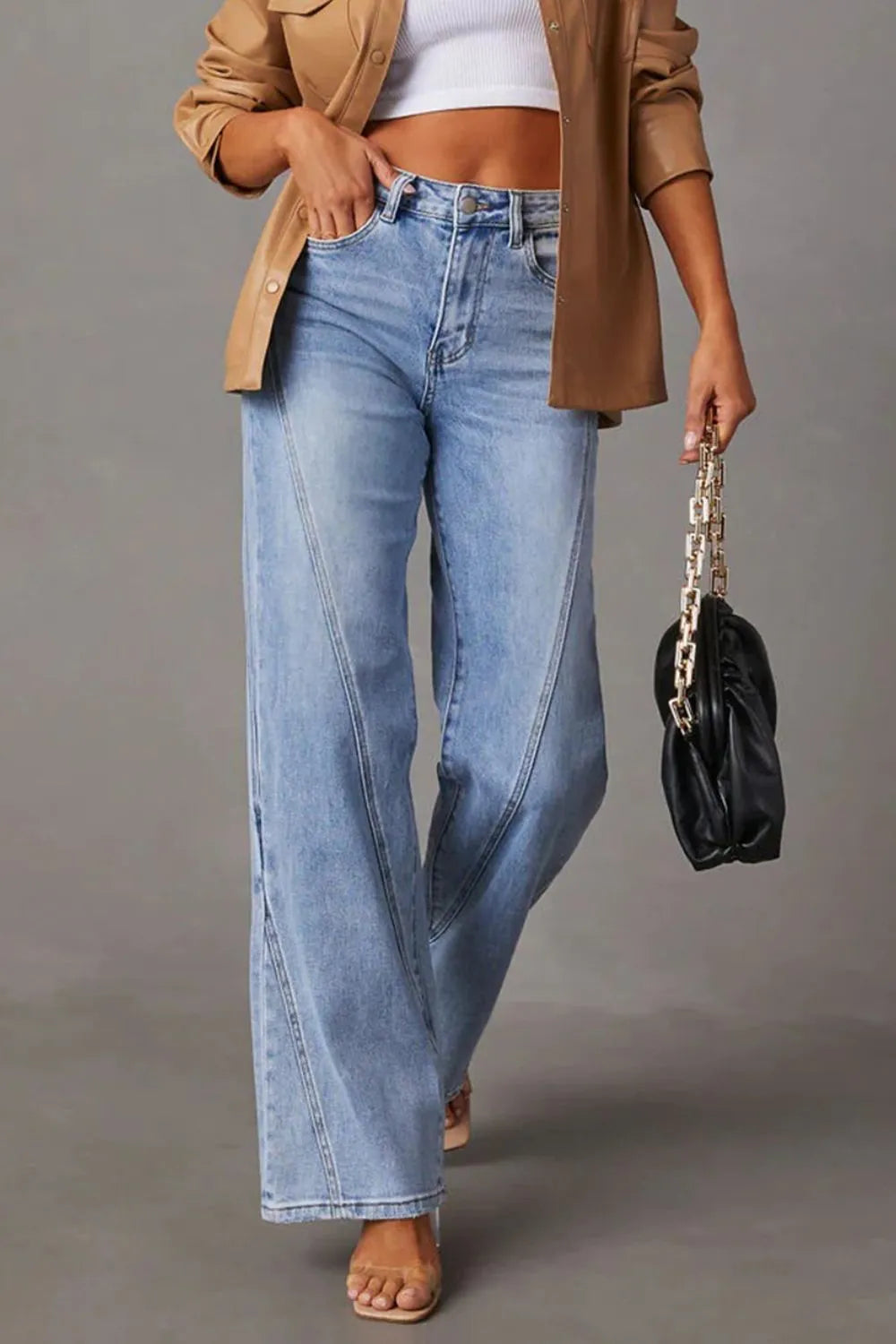 High Waist Straight Jeans with Pockets - -