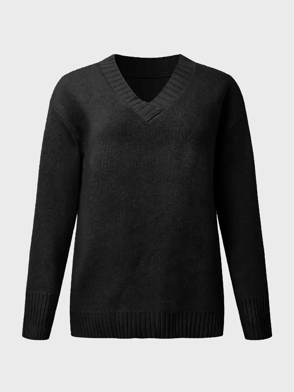 V-Neck Long Sleeve Knit Top - -